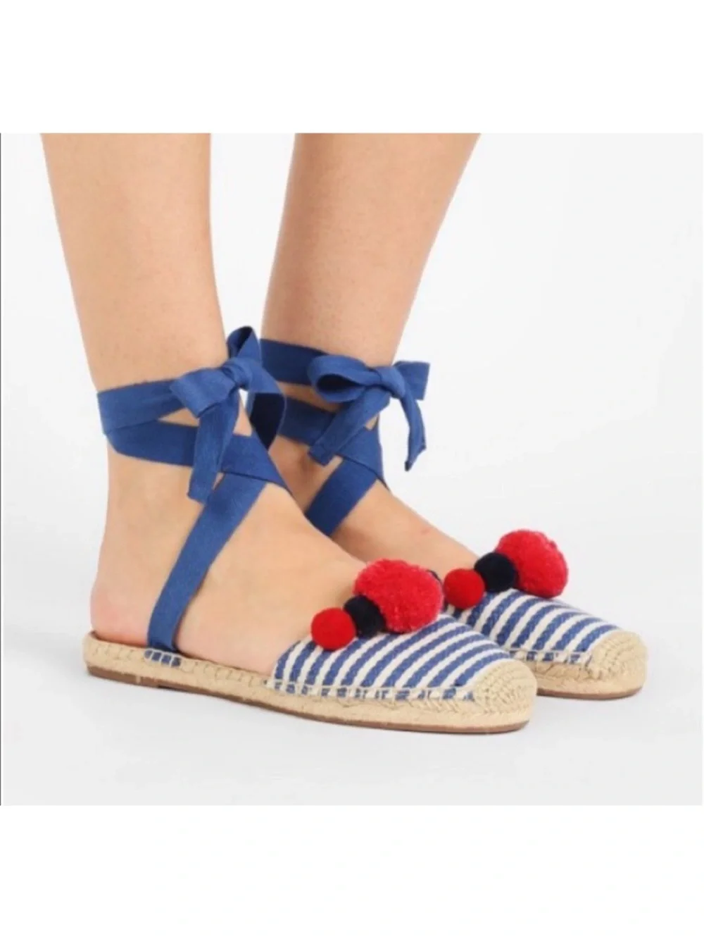 J. CREW Blue White Striped Canvas w/ Pink Pom Pom Ankle Wrap Espadrilles Flats